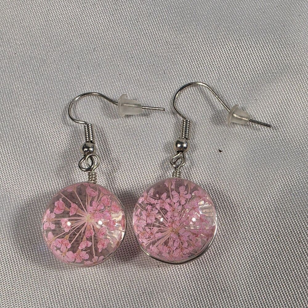 Pink Resin Flower Dangle Earrings Real Dried Flowers in Round Resin Pendant